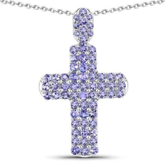 3.27 Cttw Round Violet Tanzanite Pavé Rhodium over Silver Cross Pendant Necklace