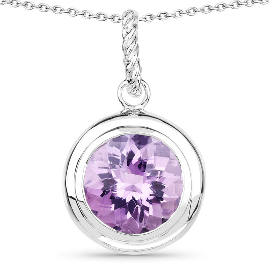 8 Ct Round Purple Amethyst Bezel 18K White Gold Plated Silver Solitaire Pendant Necklace