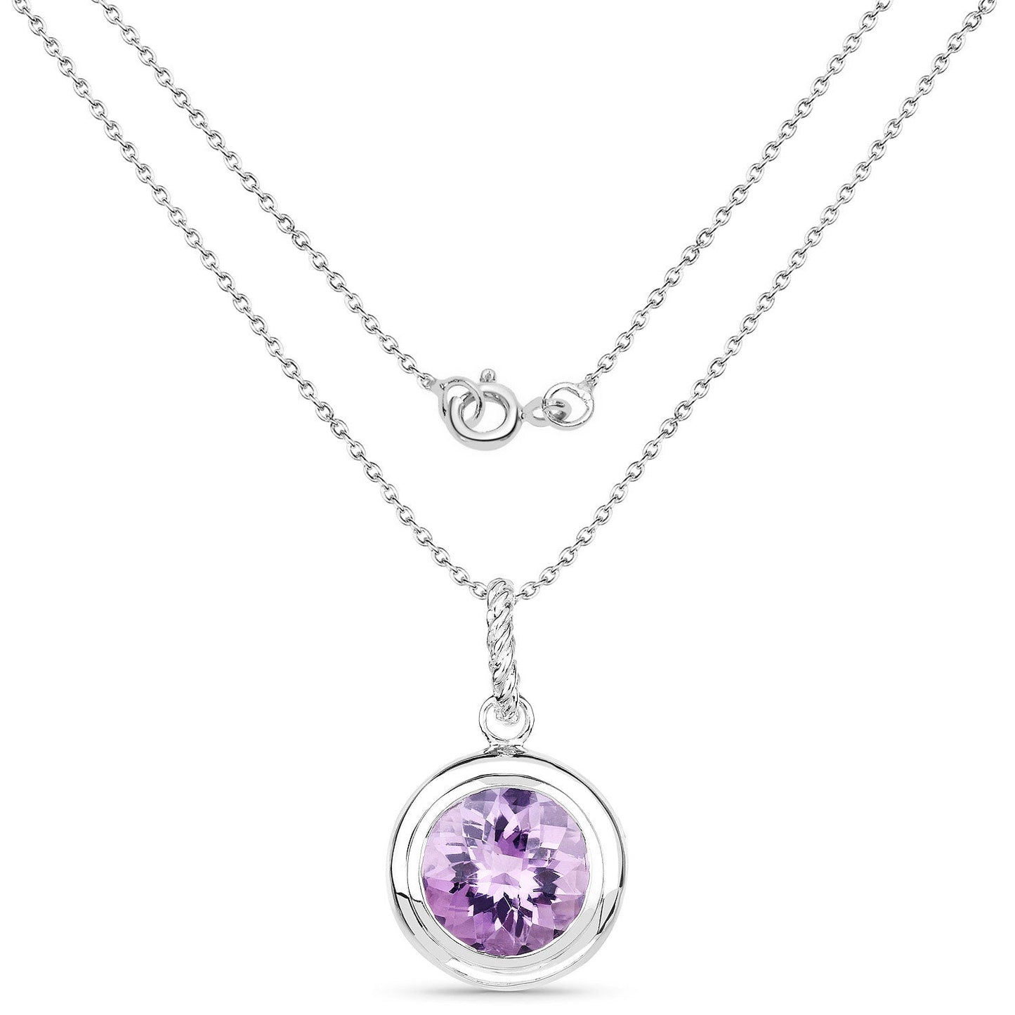 8 Ct Round Purple Amethyst Bezel 18K White Gold Plated Silver Solitaire Pendant Necklace