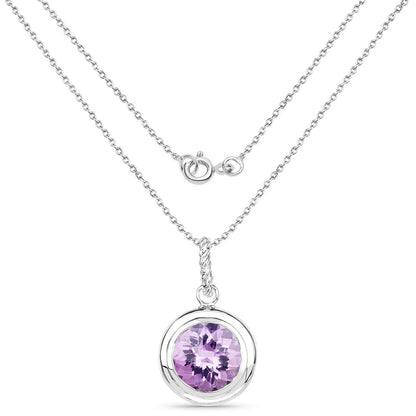8 Ct Round Purple Amethyst Bezel 18K White Gold Plated Silver Solitaire Pendant Necklace