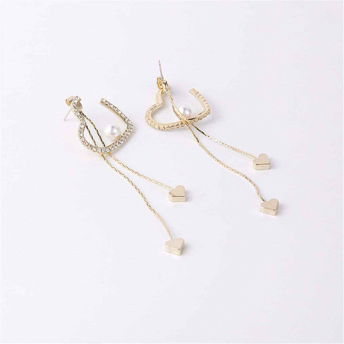 Pearl & Cubic Zirconia Goldtone Heart Tassel Drop Earrings