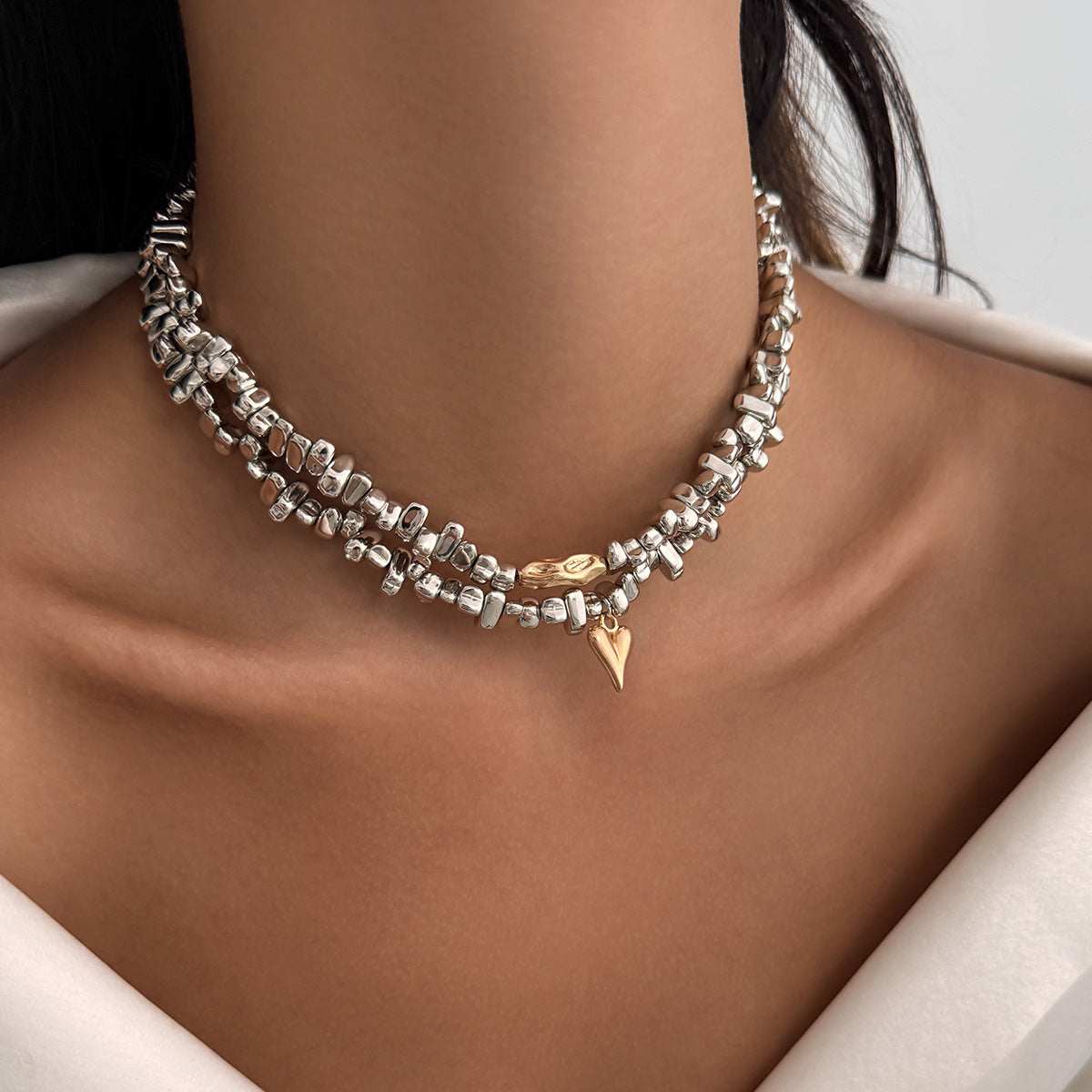 Two Tone Irregular Beads Chain Heart Pendant Necklace Set