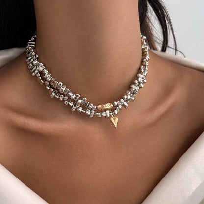 Two Tone Irregular Beads Chain Heart Pendant Necklace Set