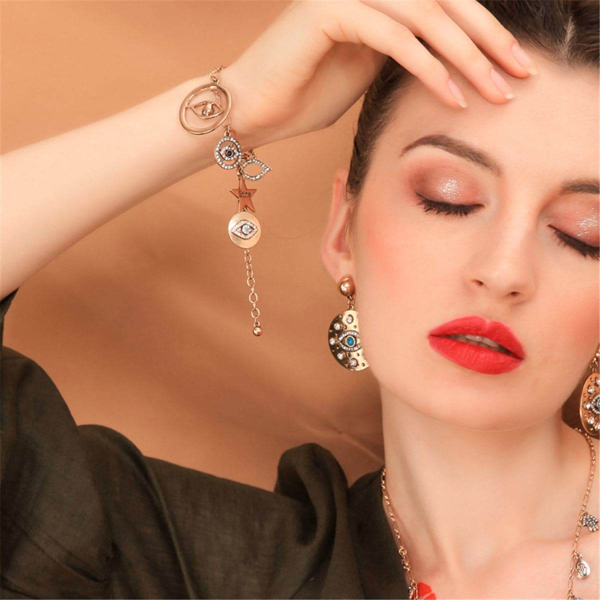 Cubic Zirconia & Goldtone Evil Eyes & Lips Charm Bracelet