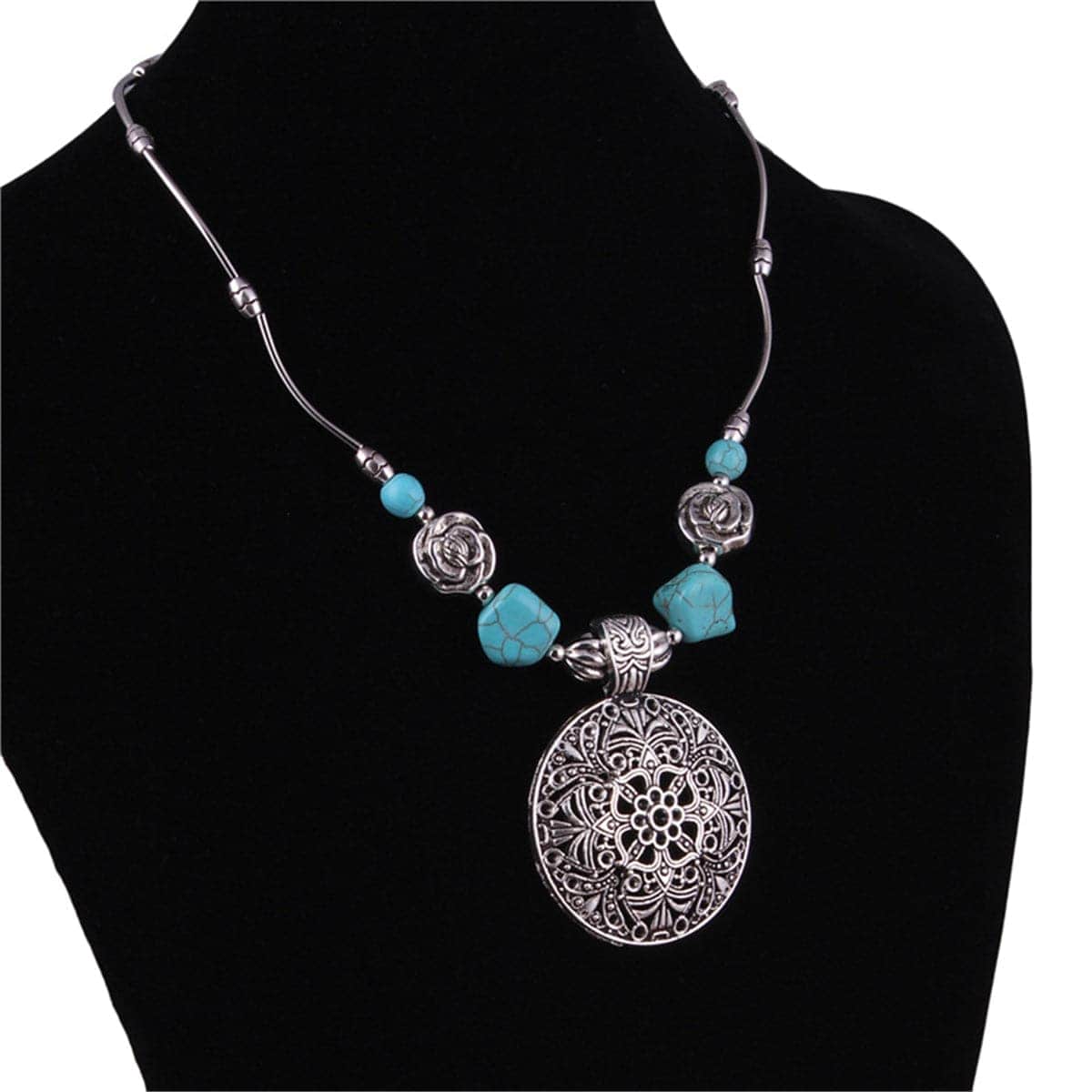 Turquoise & Silvertone Floral Plate Pendant Necklace