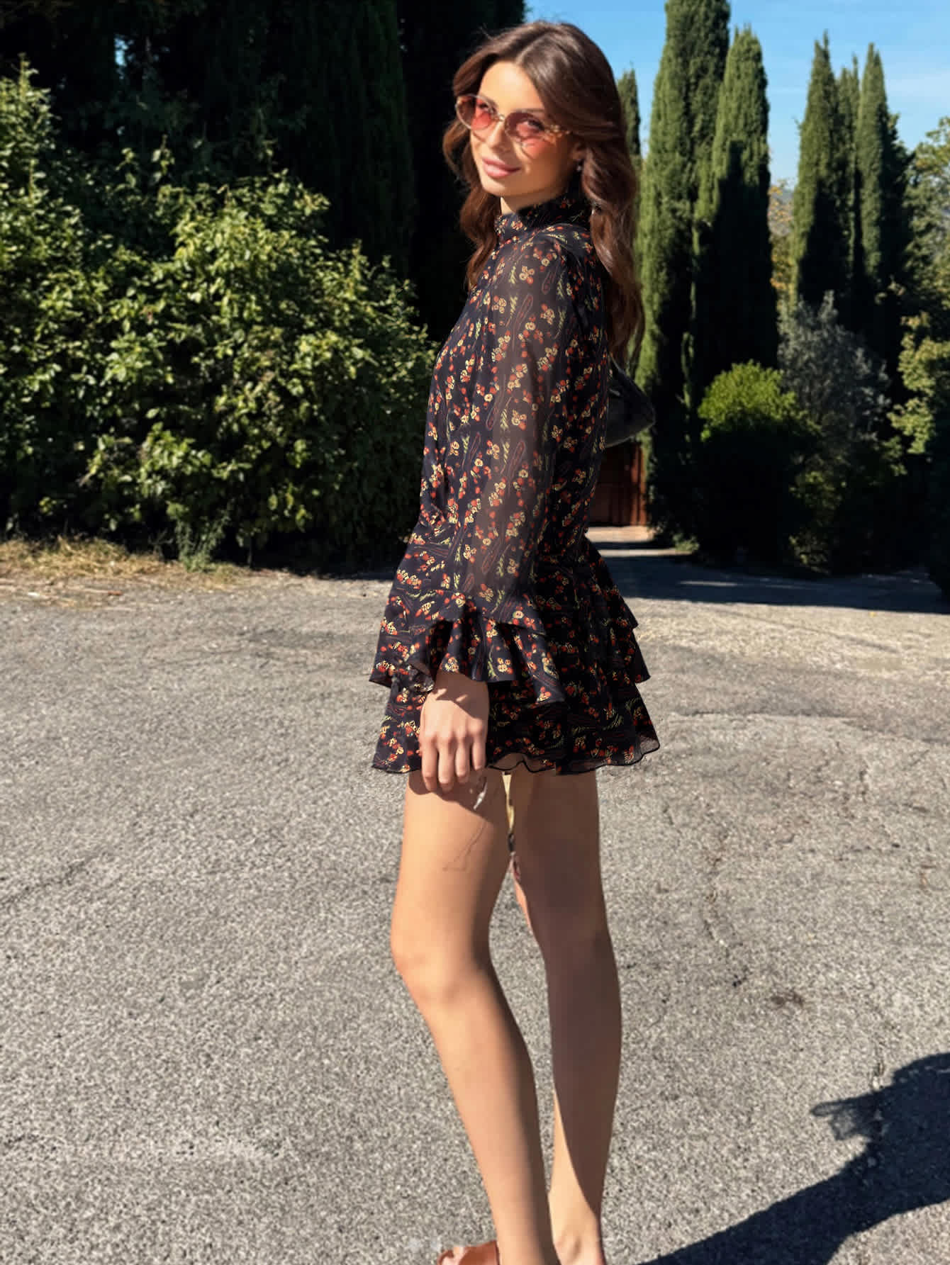 black floral mini dress Women's Printed Woven A Line Bust 32 ASOS Design flute sleeve Floral