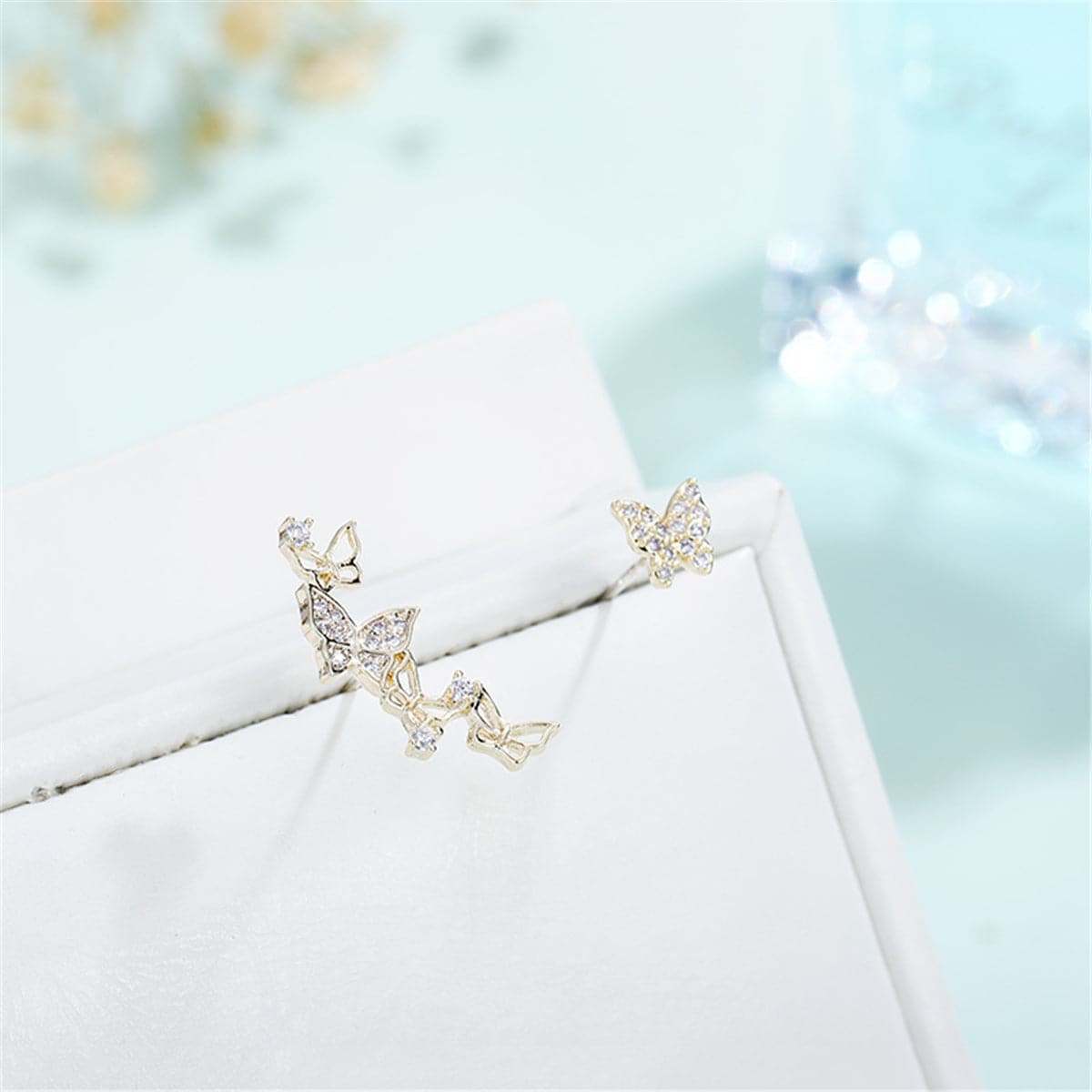 Cubic Zirconia & Goldtone Butterfly Stud/Drop Earrings