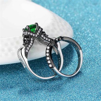Green Crystal & Cubic Zirconia Two-Tone Skull Ring Set-3
