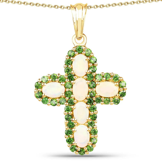 3.11 Ct Oval White Ethiopian Opal Halo Cross Cocktail Pendant Necklace