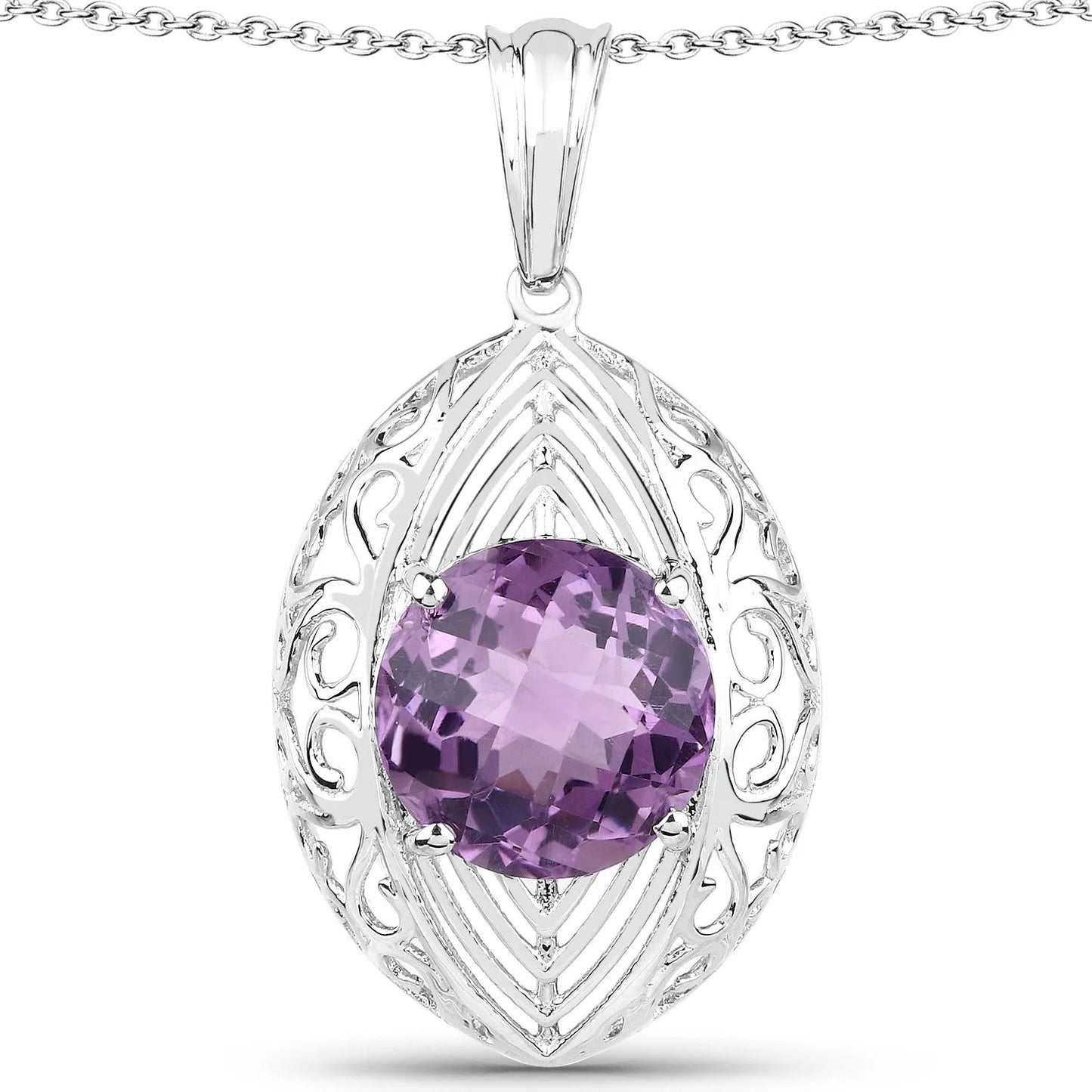 5.87 Ct Round Purple Amethyst Prong Silver Solitaire Pendant Necklace