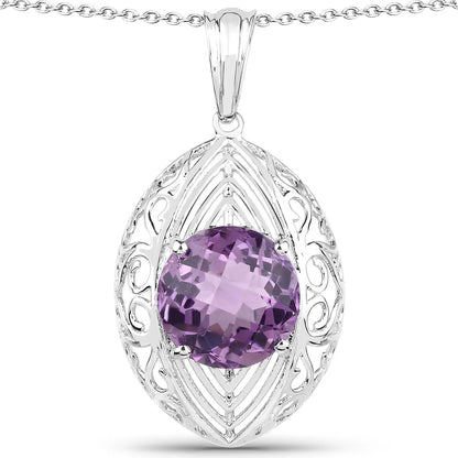 5.87 Ct Round Purple Amethyst Prong Silver Solitaire Pendant Necklace