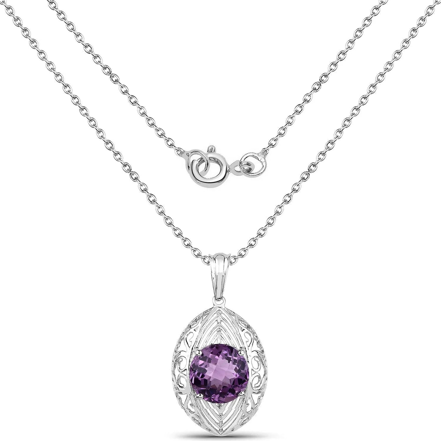5.87 Ct Round Purple Amethyst Prong Silver Solitaire Pendant Necklace