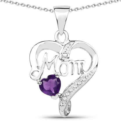 0.49 Ct Heart Purple Amethyst Prong Silver Mom Pendant Necklace