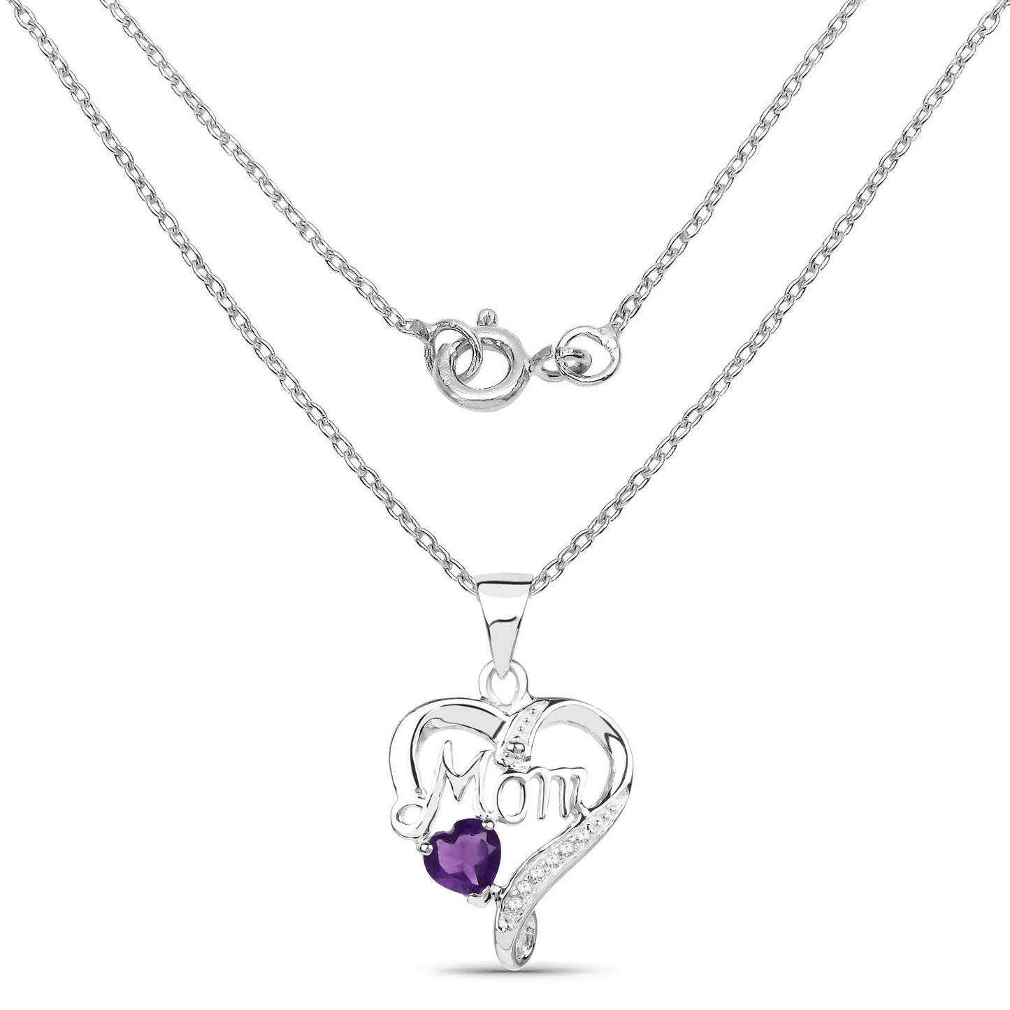 0.49 Ct Heart Purple Amethyst Prong Silver Mom Pendant Necklace