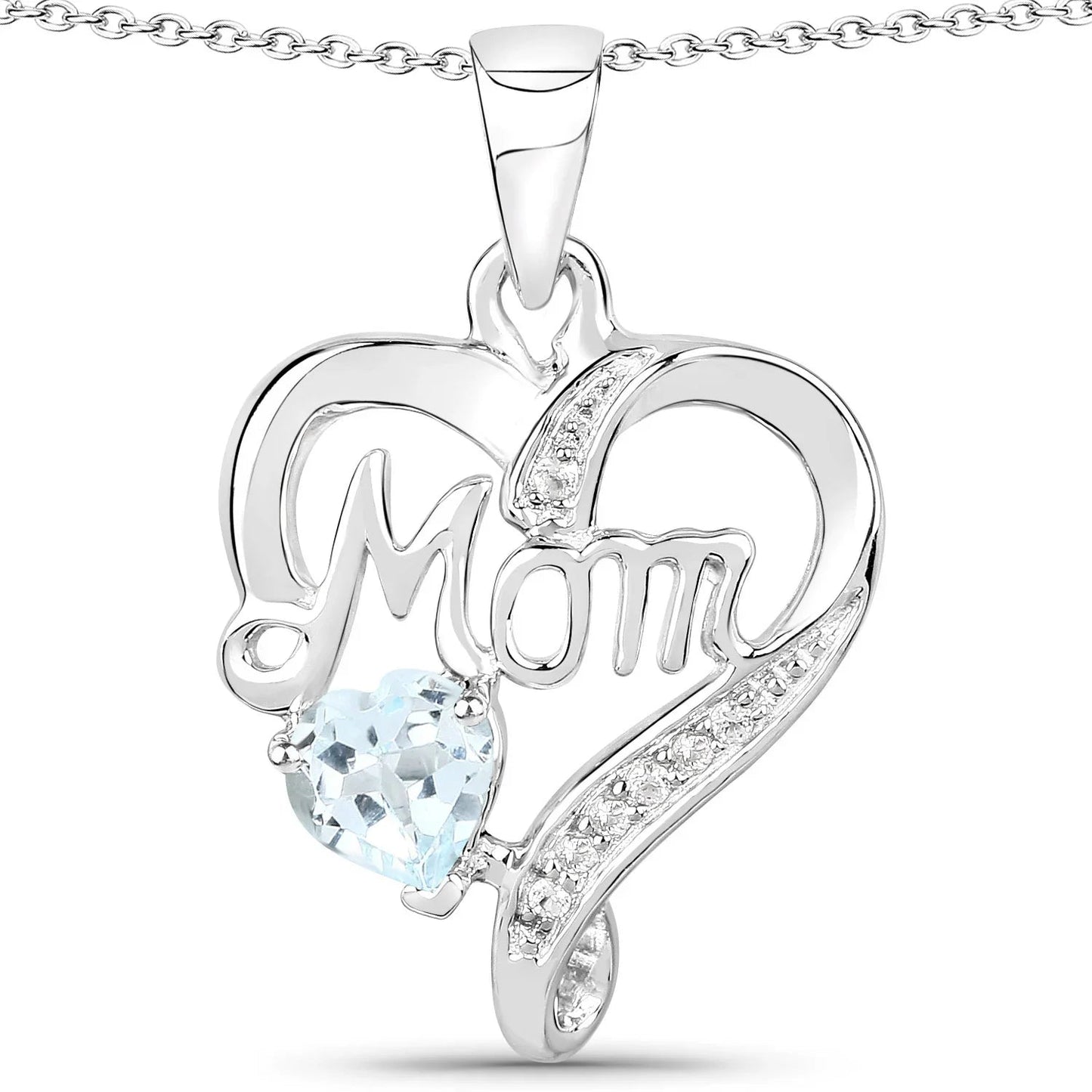 0.50 Ct Heart Blue Topaz Prong Silver Double Heart Mom Pendant Necklace