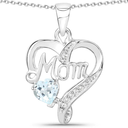 0.50 Ct Heart Blue Topaz Prong Silver Double Heart Mom Pendant Necklace