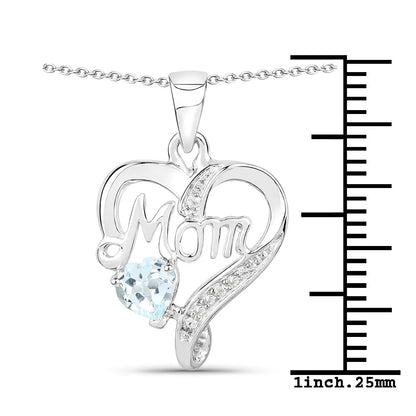 0.50 Ct Heart Blue Topaz Prong Silver Double Heart Mom Pendant Necklace