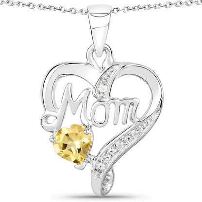 0.45 Ct Heart Yellow Citrine Prong Silver Double Heart Mom Pendant Necklace