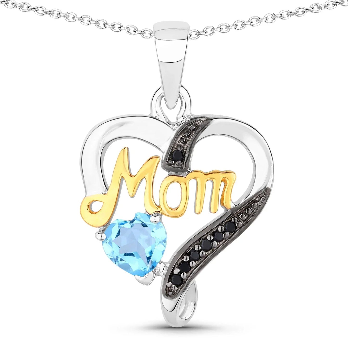 0.52 Ct Heart Swiss Blue Topaz Prong Silver Mom Pendant Necklace