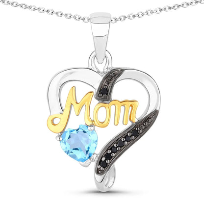 0.52 Ct Heart Swiss Blue Topaz Prong Silver Mom Pendant Necklace
