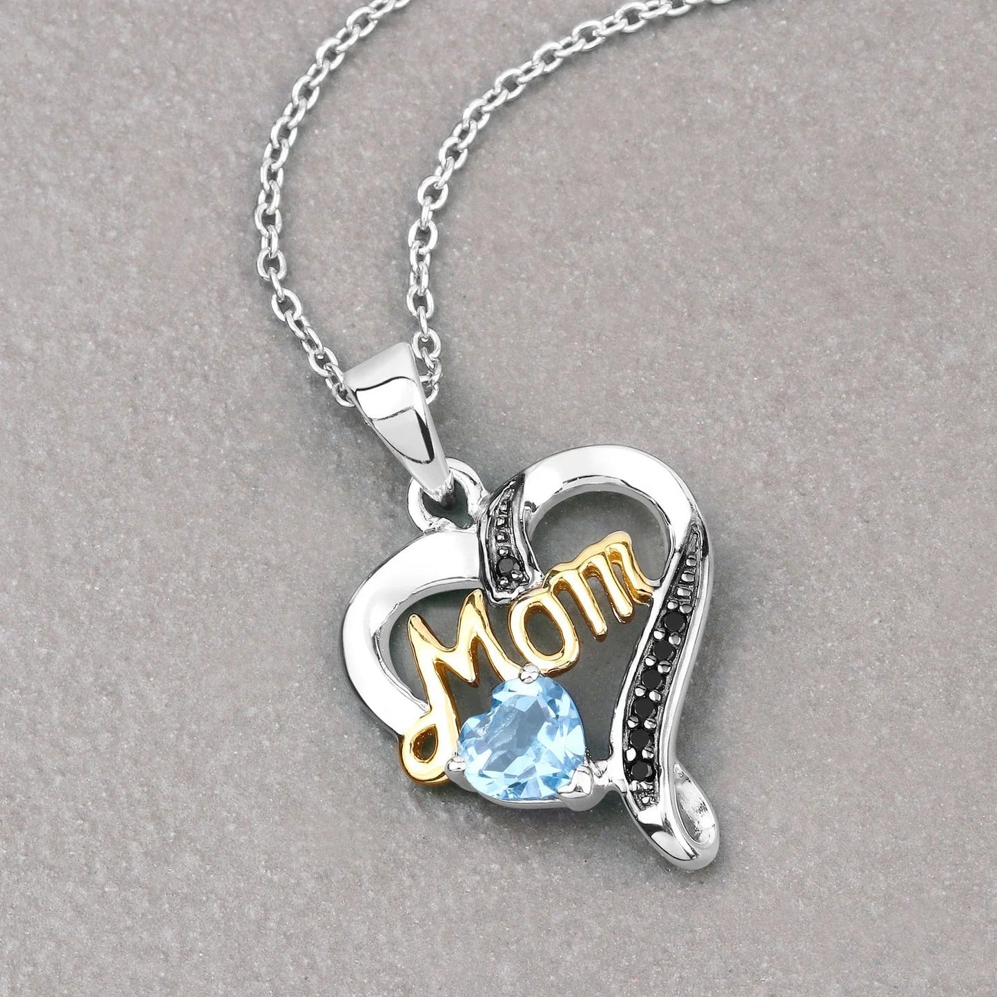 0.52 Ct Heart Swiss Blue Topaz Prong Silver Mom Pendant Necklace