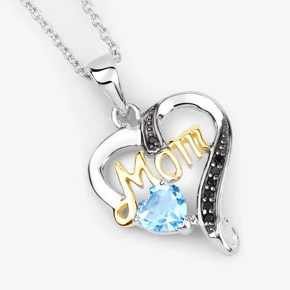 0.52 Ct Heart Swiss Blue Topaz Prong Silver Mom Pendant Necklace