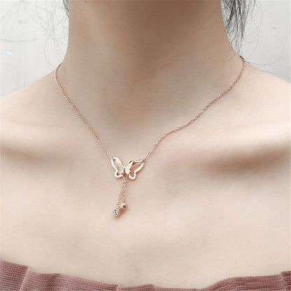 Cubic Zirconia & Rose Goldtone Butterfly Tassel Pendant Necklace