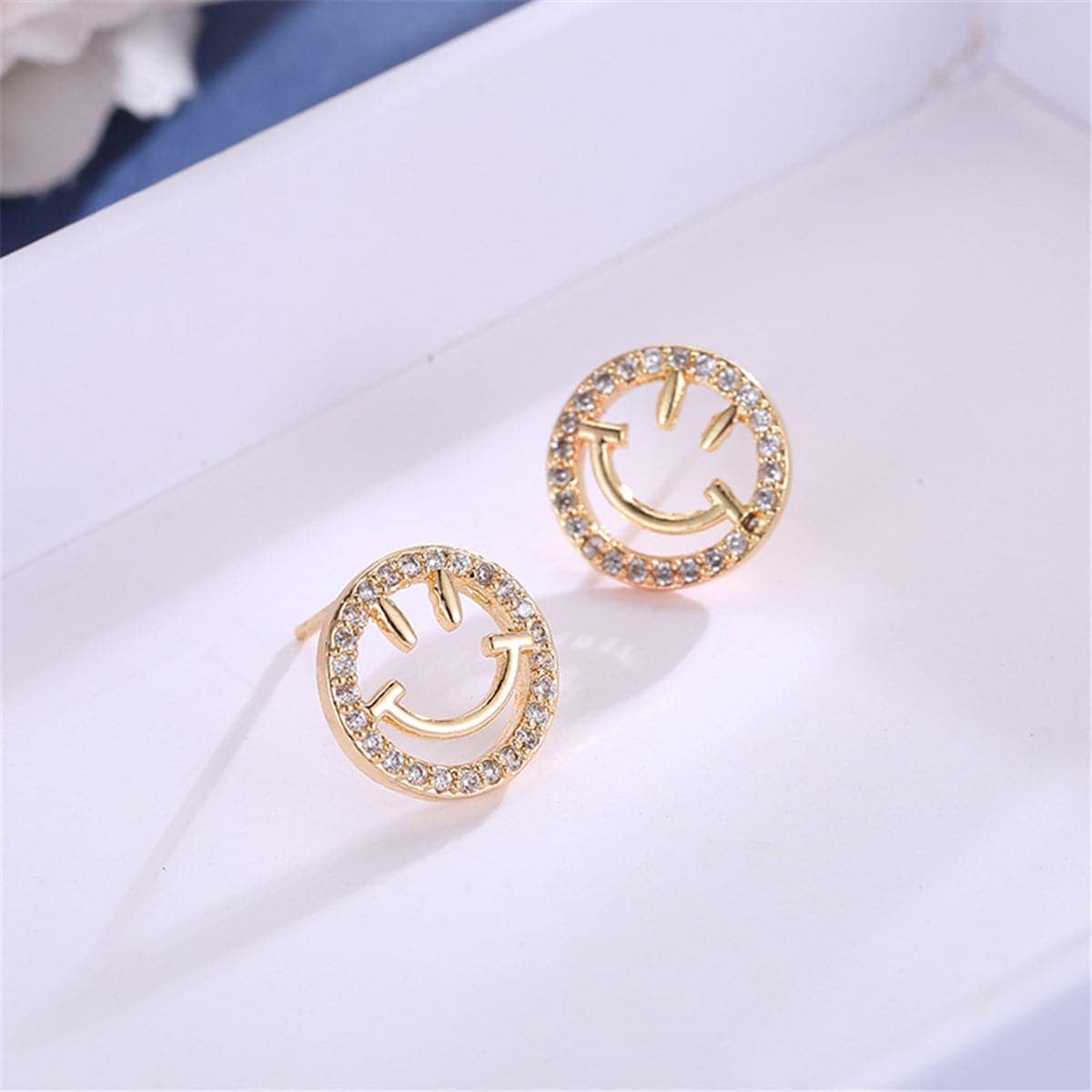 Cubic Zirconia & Goldtone Smiley Face Stud Earrings