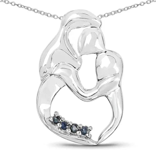 0.18 Ct Round Blue Sapphire Prong Silver Mom Pendant Necklace