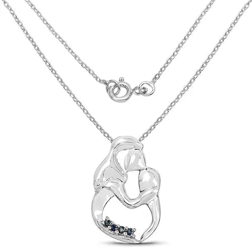 0.18 Ct Round Blue Sapphire Prong Silver Mom Pendant Necklace