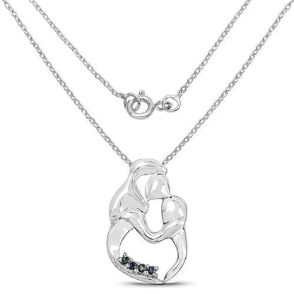 0.18 Ct Round Blue Sapphire Prong Silver Mom Pendant Necklace