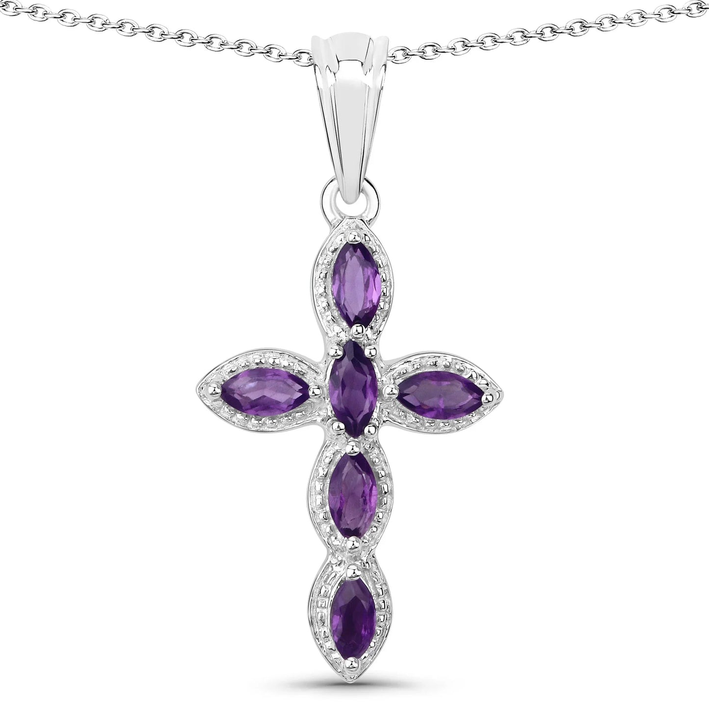 0.90 Ct Marquise Purple Amethyst Prong Silver Cross Pendant Necklace
