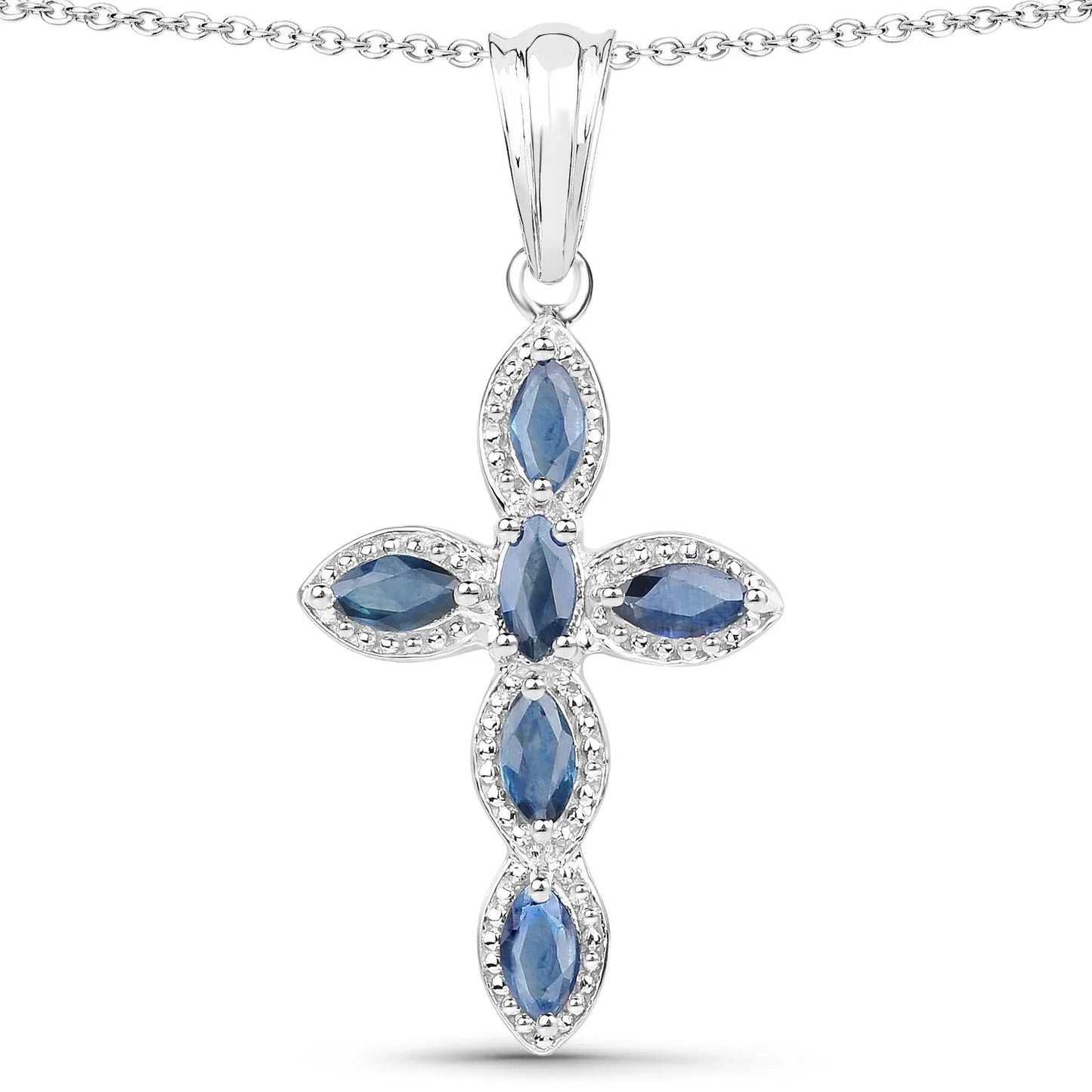 0.90 Ct Marquise Blue Sapphire Prong Silver Cross Pendant Necklace