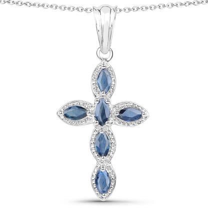 0.90 Ct Marquise Blue Sapphire Prong Silver Cross Pendant Necklace
