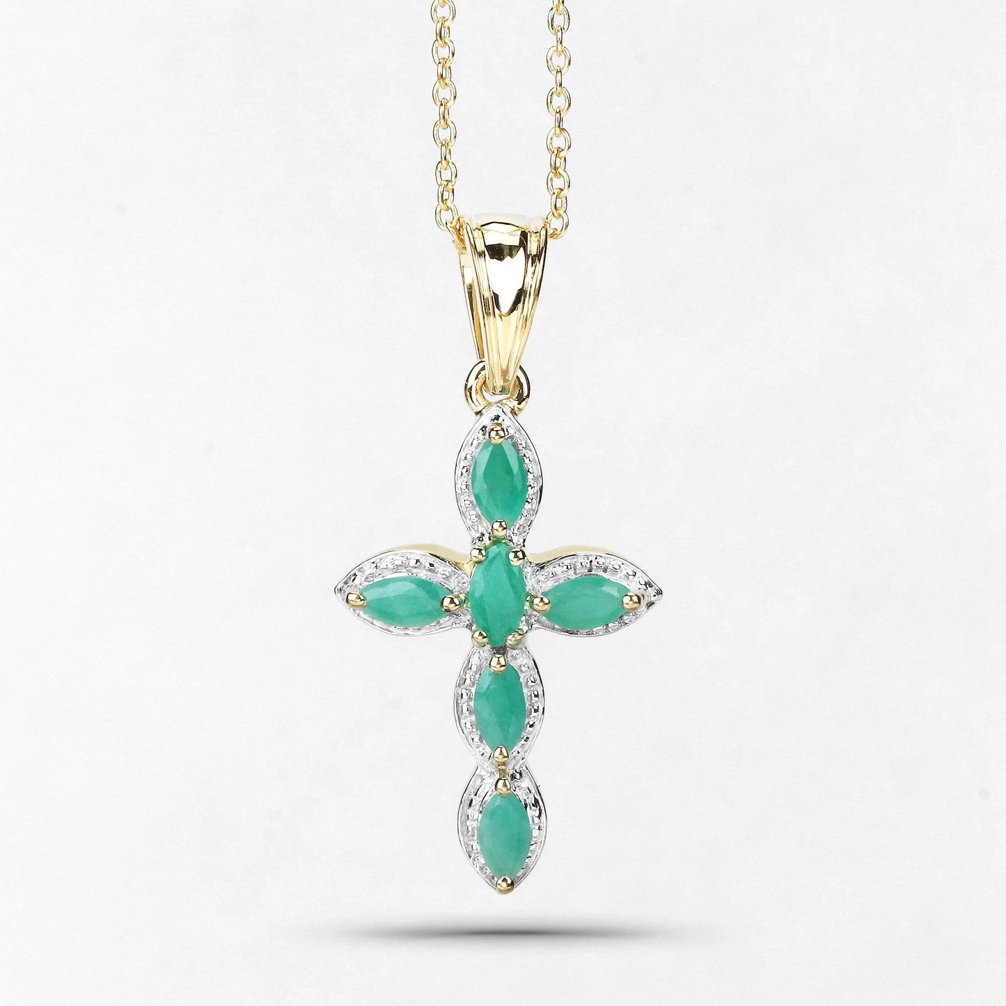 0.84 Ct Marquise Green Emerald Prong Silver Cross Pendant Necklace