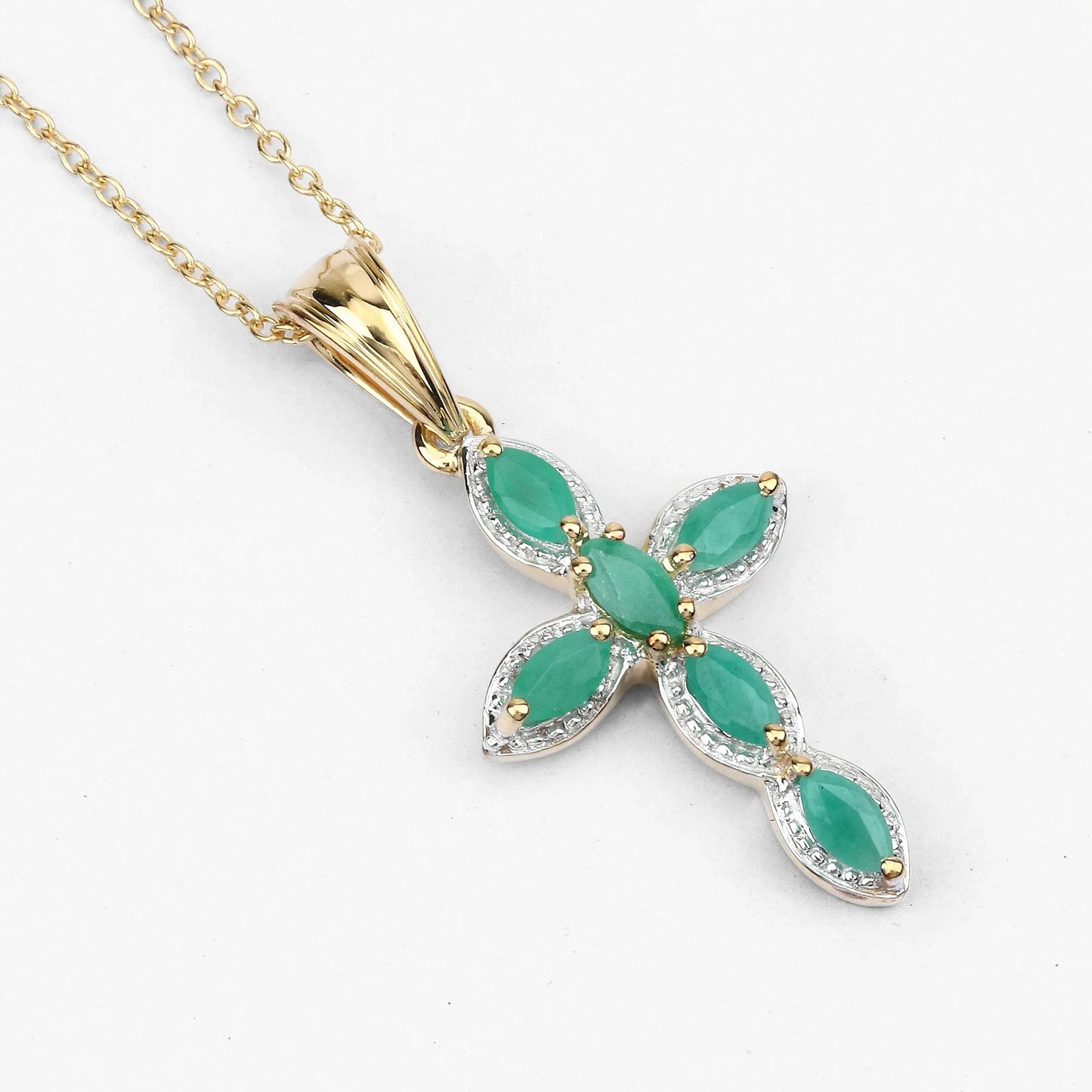 0.84 Ct Marquise Green Emerald Prong Silver Cross Pendant Necklace