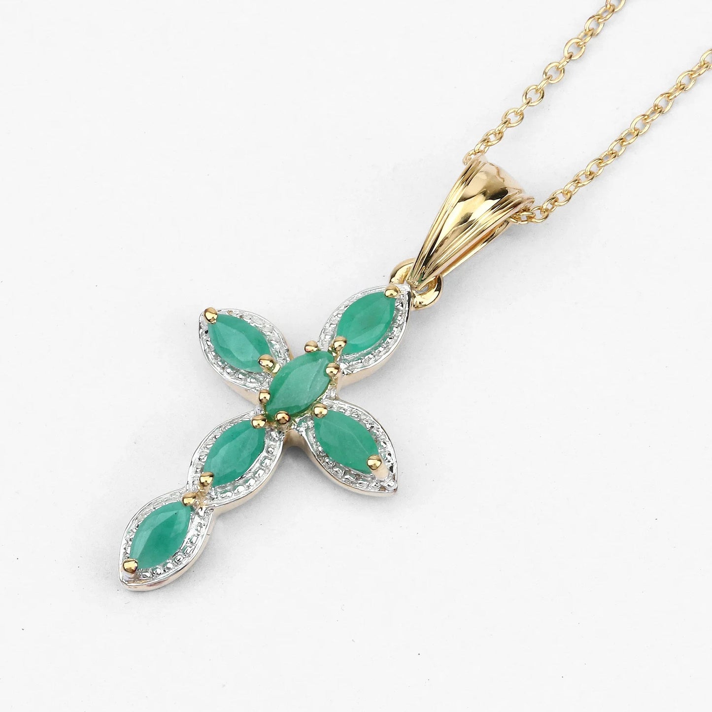 0.84 Ct Marquise Green Emerald Prong Silver Cross Pendant Necklace