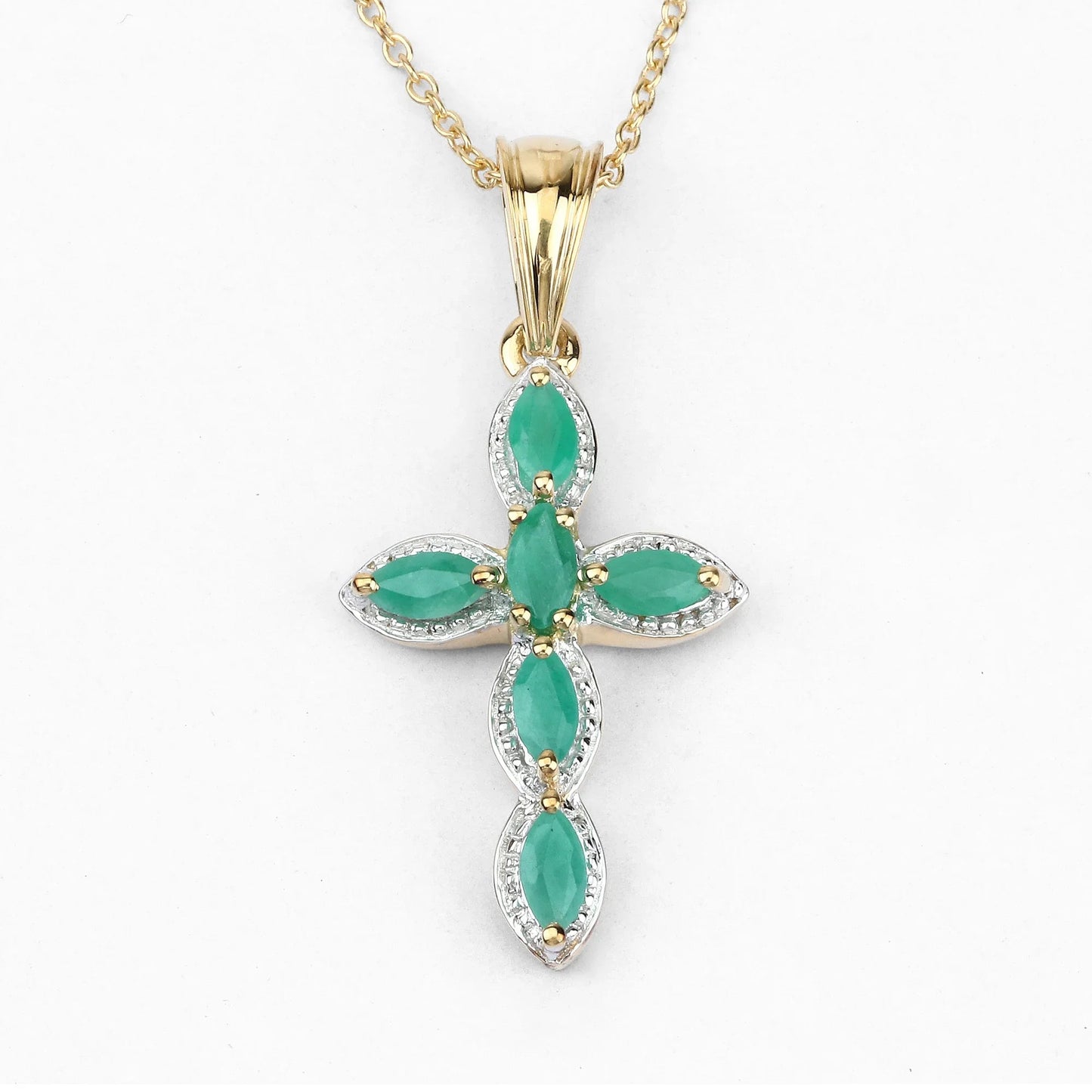0.84 Ct Marquise Green Emerald Prong Silver Cross Pendant Necklace