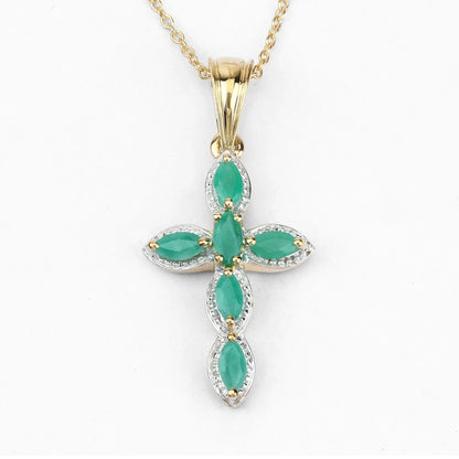 0.84 Ct Marquise Green Emerald Prong Silver Cross Pendant Necklace