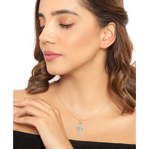 0.84 Ct Marquise Green Emerald Prong Silver Cross Pendant Necklace