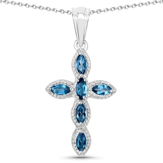 1.02 Ct Marquise London Blue Topaz Prong Silver Cross Pendant Necklace
