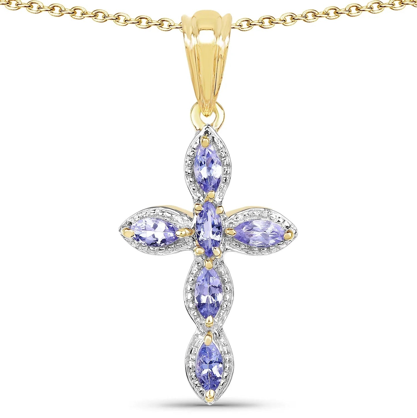 0.84 Ct Marquise Violet Tanzanite Prong Silver Cross Pendant Necklace