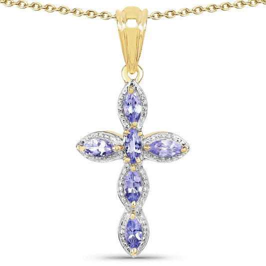 0.84 Ct Marquise Violet Tanzanite Prong Silver Cross Pendant Necklace