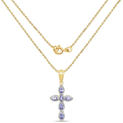 0.84 Ct Marquise Violet Tanzanite Prong Silver Cross Pendant Necklace