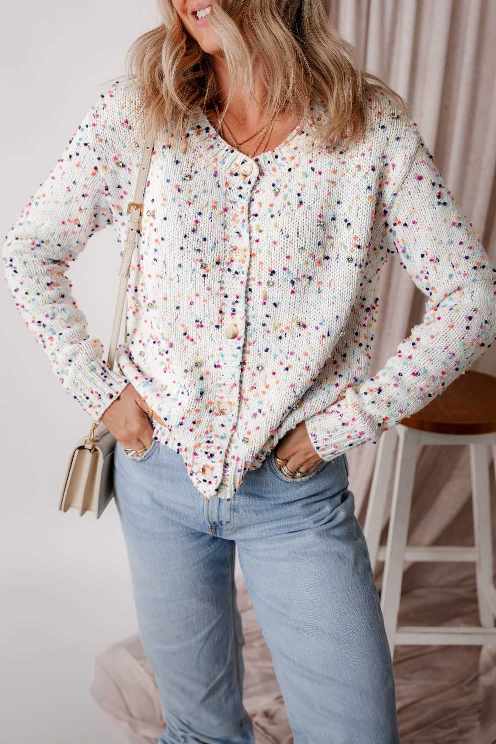Vienna Rhinestone Decor Confetti Sweater - White / L - 12/14