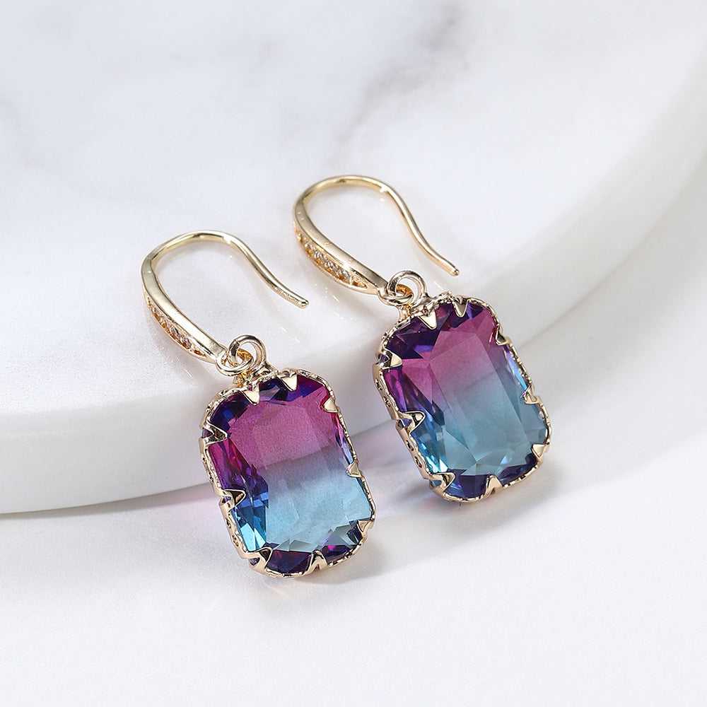 Purple Crystal & Cubic Zironcia Goldtone Rectangle Hook Earrings