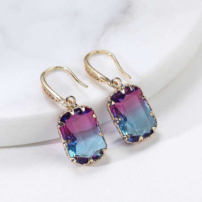 Purple Crystal & Cubic Zironcia Goldtone Rectangle Hook Earrings