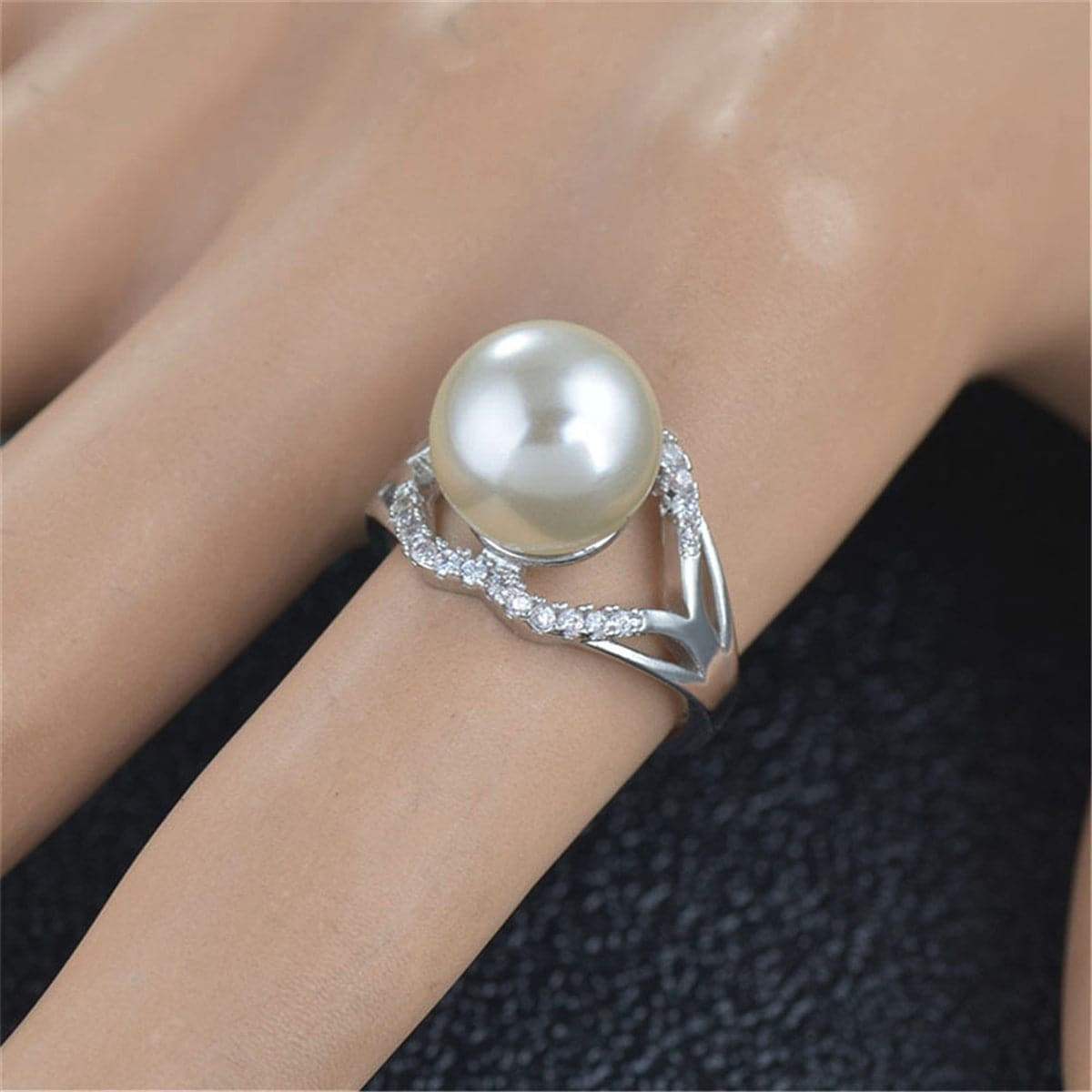Cubic Zirconia & Pearl Silvertone Openwork Ring