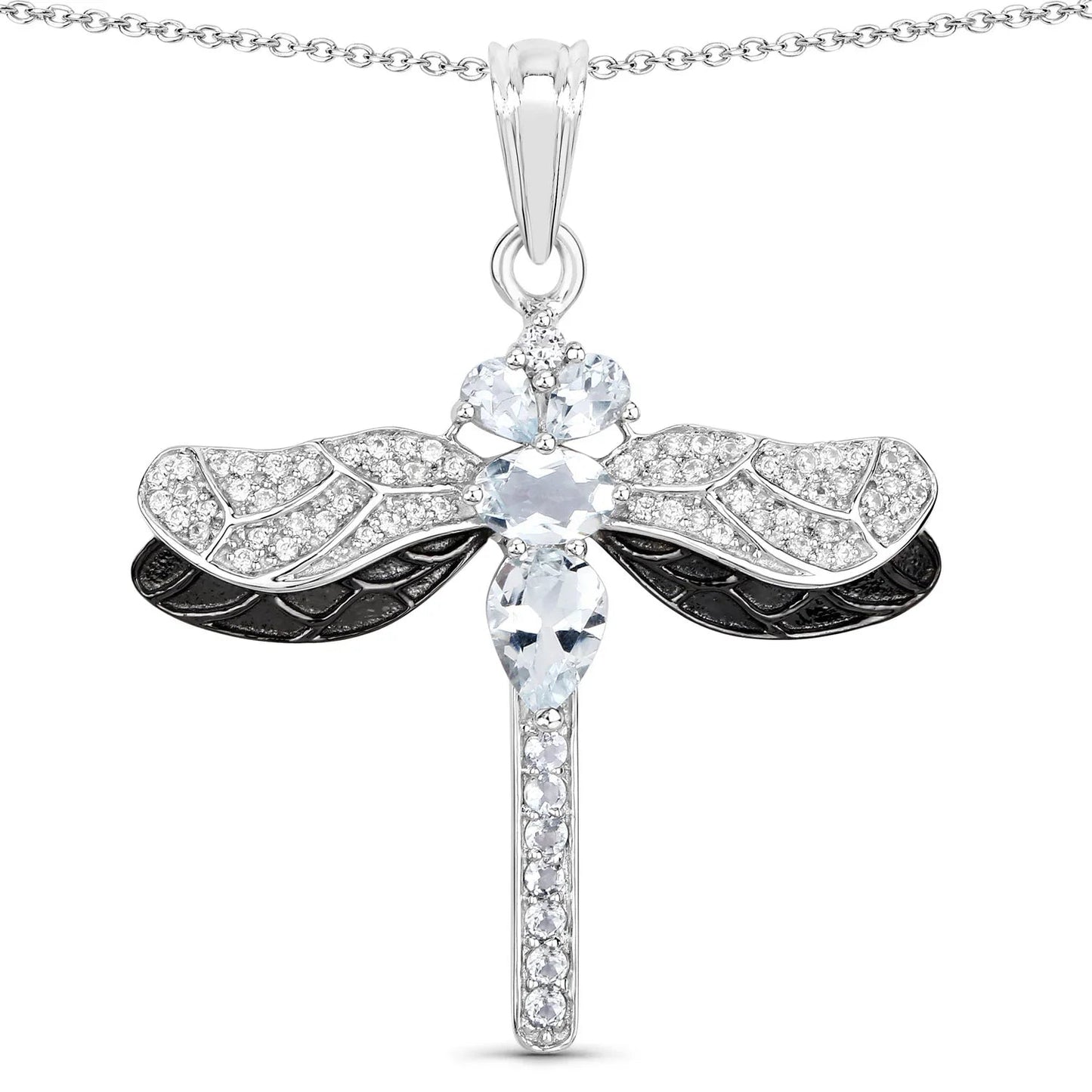 1.86 Ct Blue Aquamarine Prong Sterling Silver Dragonfly Pendant Cable Chain Necklace