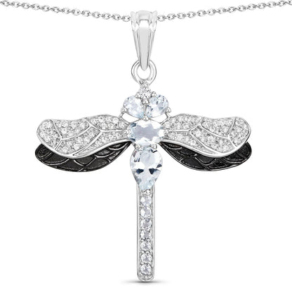 1.86 Ct Blue Aquamarine Prong Sterling Silver Dragonfly Pendant Cable Chain Necklace